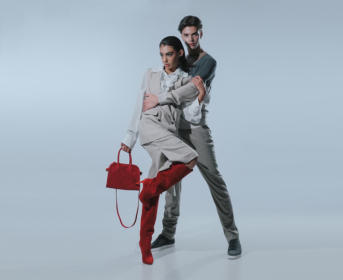 Woman: The Row - Margaux 10 suede bag; Paris Texas - Stiletto Boots In Red; Man: Giorgio Armani sneakers. LaGalleria Yerevan, Armenia.