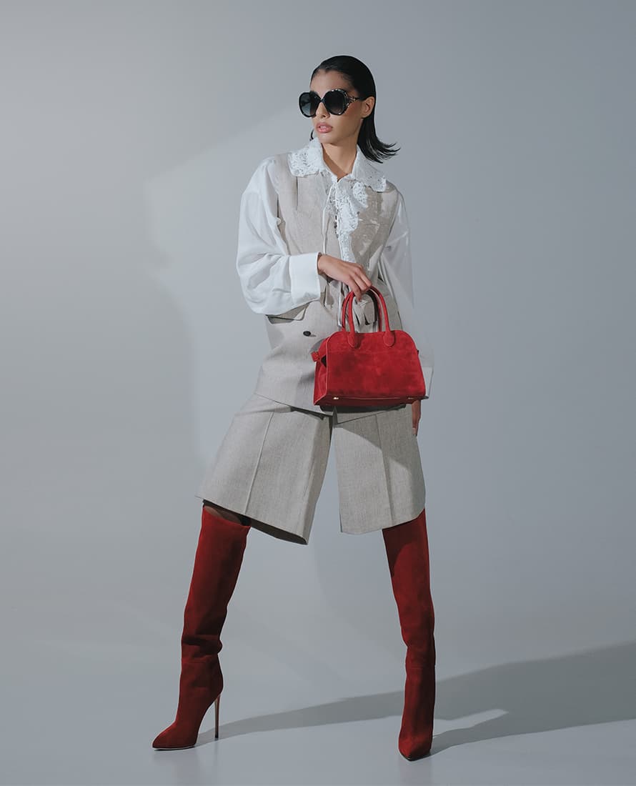 Paris Texas - Stiletto Boots In Red; The Row - Margaux 10 suede bag; Gucci - Sunglasses. Магазин женской и мужской одежды Ла Галерея Ереван, Армения.